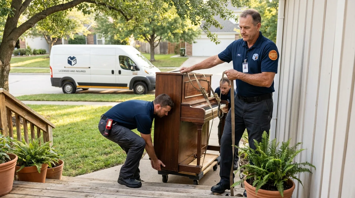 Licensed piano movers securing grand piano in Albany, MO