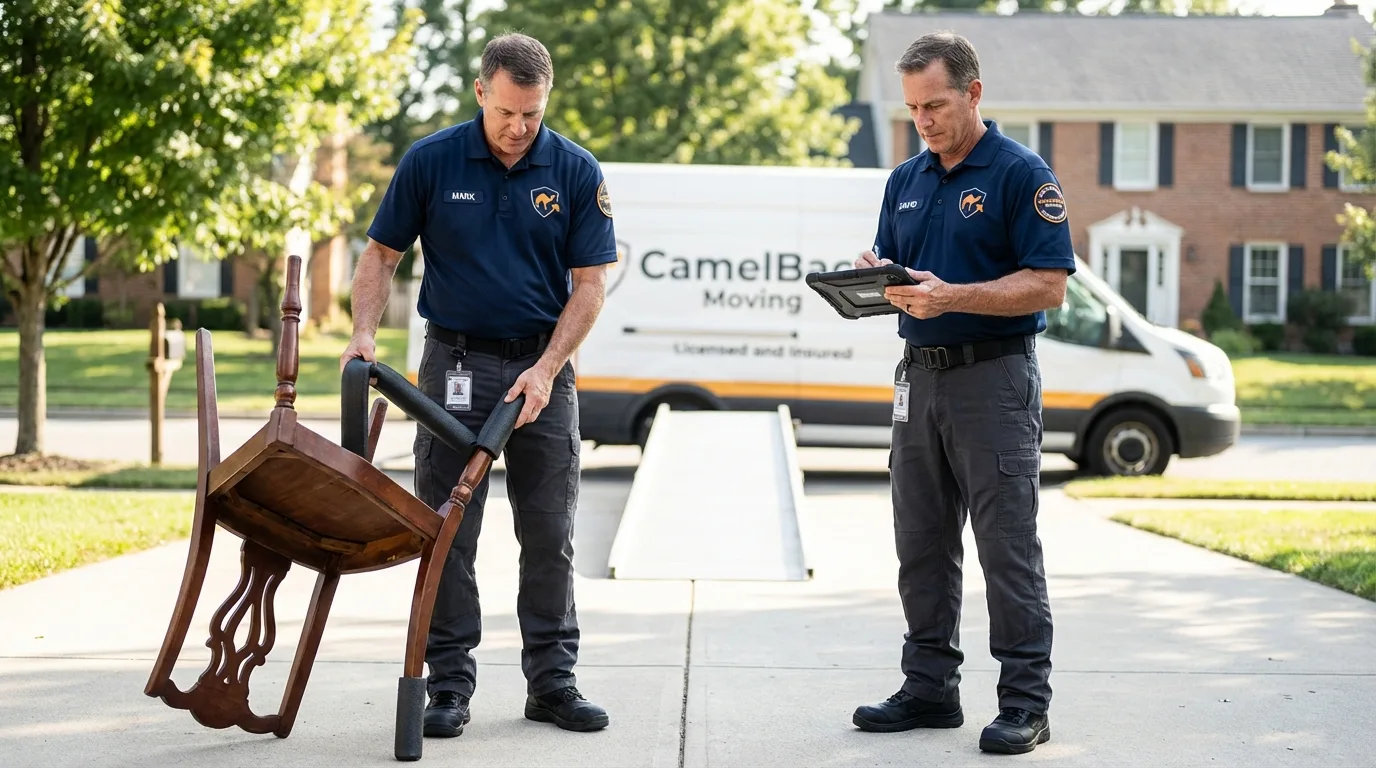 Movers inspecting furniture for damage prevention before loading in Albany, MO