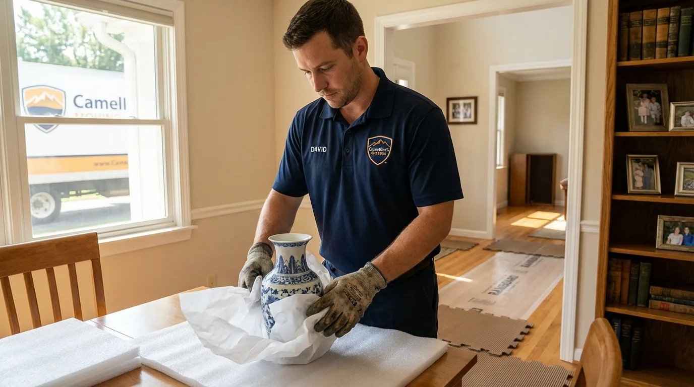 Professional crew carefully wrapping antique vase for senior downsizing move in Albany, MO